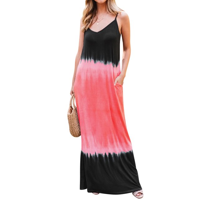 Robe Maxi Sans Manches à Col en V Dégradé Colorblock pour Femmes