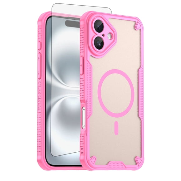 Asuwish Compatible with iPhone 16 Plus 6.7 inch Phone Case Tempered Glass Screen Protector Slim Magnetic Translucent Matte Back Shockproof Hybrid Protective Cover for i Phone16 iP16+ Women Men Pink