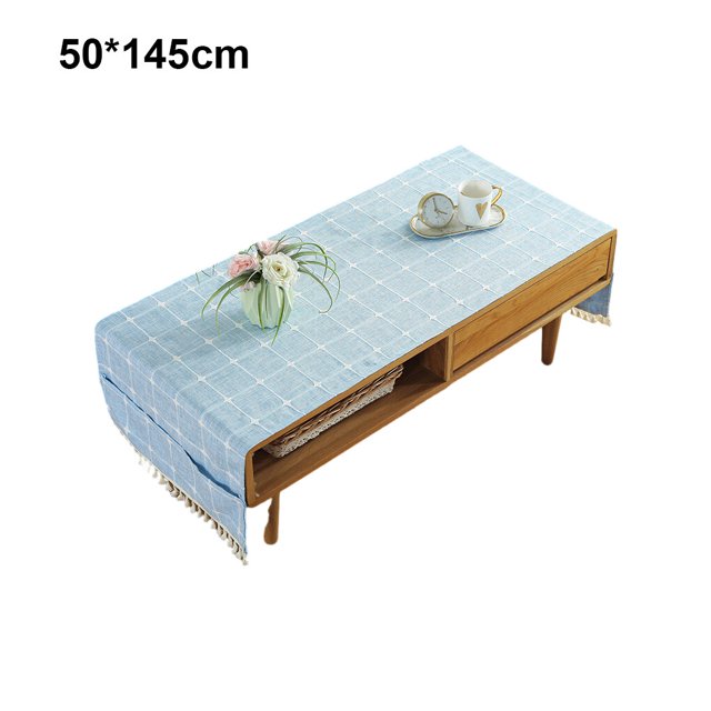 Cotton Linen Tablecloth Rectangular TV Cabinet Coffee Desktop Fringe Waterproof Table Cloth for Dining Hall Garden 50*145cm Embroider/Light blue