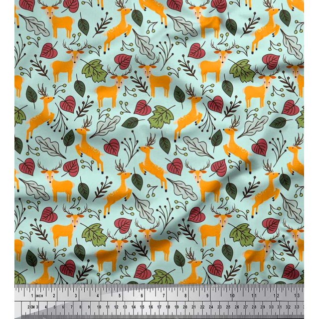 Soimoi Tissu Crêpe Polyester Feuilles & Rennes Imprimés d'Animaux au Mètre 42 Pouces de Large