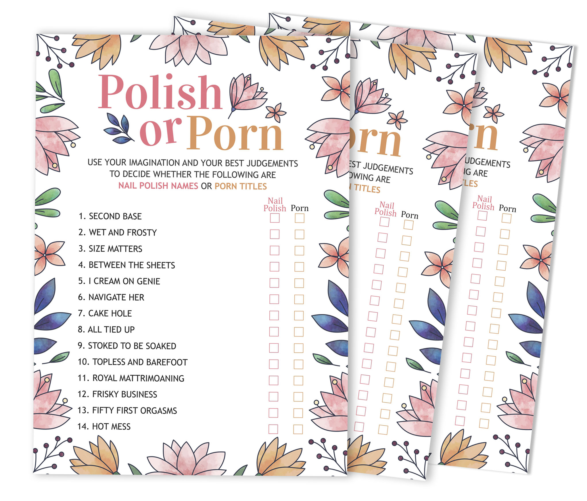 Inkdotpot 50-Pack Bulk Party ActivityGame Polish Or PornGameCards FloralBachelorette Party Bridal Shower Collection
