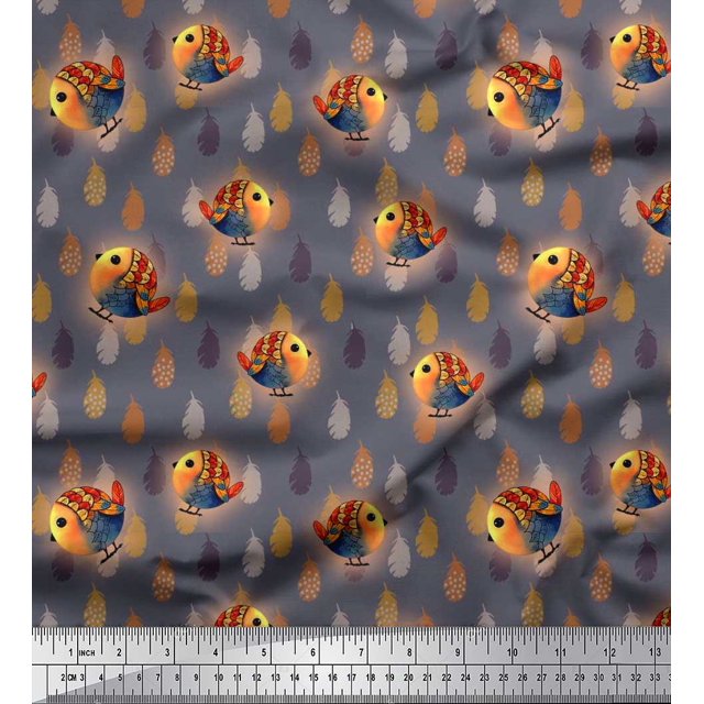 Soimoi Rayon Fabric Feather & Bird Cartoon Print Fabric by The Yard 42 Inch Wide