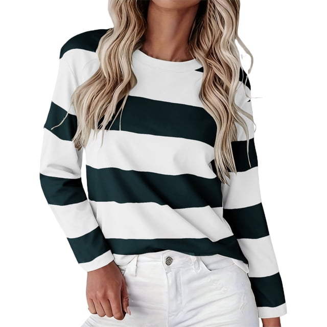 ManxiVoo T-Shirt à Manches Longues pour Femme à Rayures Imprimées, Col Rond, Confortable, T-Shirt Graphique d'Automne, Blouse Légère, Taille P, Vert Noirâtre