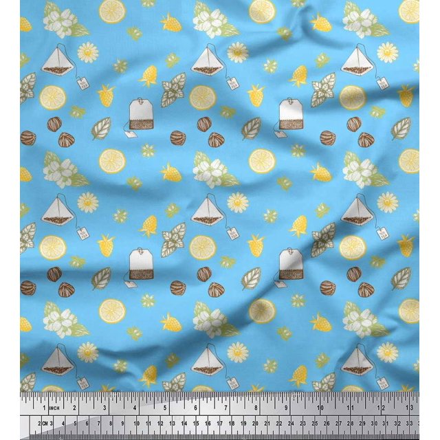 Soimoi Blue Rayon Fabric Tea Bag,Star Anise & Lemon Slice Vegetable Printed Craft Fabric by the Yard 56 Inch Wide