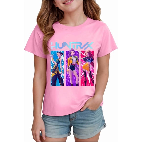 K pop Demon Shirt for Girls Cute Cartoon Graphic Tshirt Trendy Funny Kids Sweatshirt Pink Tops Short Sleeve Crewneck Shirts