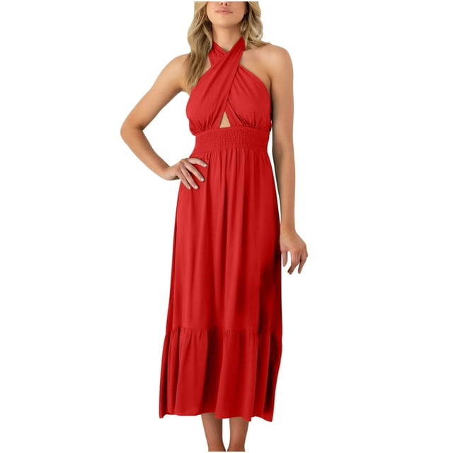 Robe d'Été pour Femmes à Col Licou Croisé Sans Manches, Couleur Unie, Découpes, Dos Nu, Fluide, Ligne A, Robe Maxi