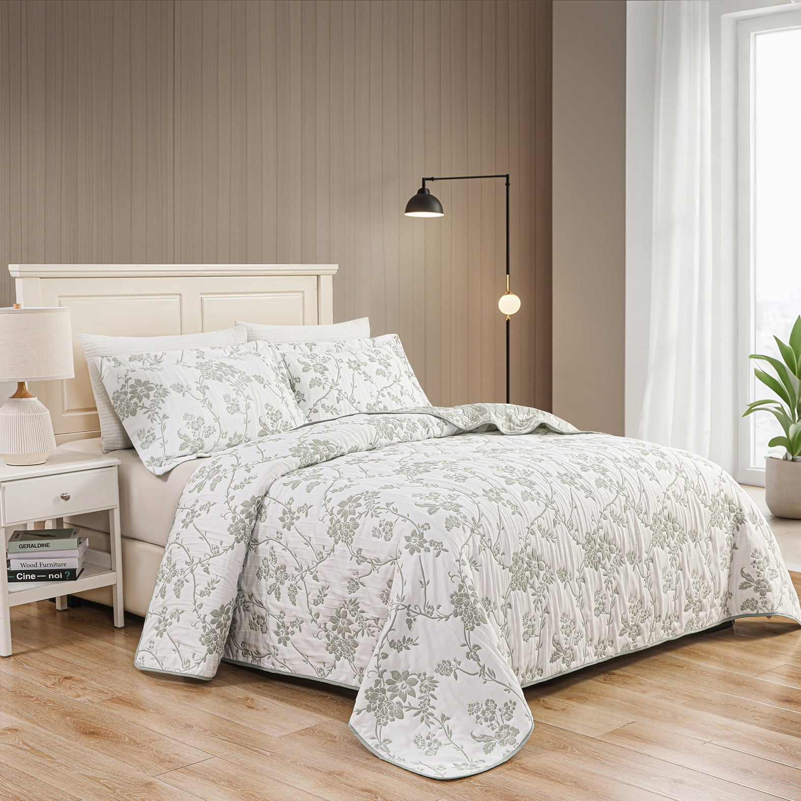 Couvre-lit brodé en jacquard Marina Decoration, parure de lit ultra douce, réversible, avec taies d'oreiller matelassées, motif floral vert