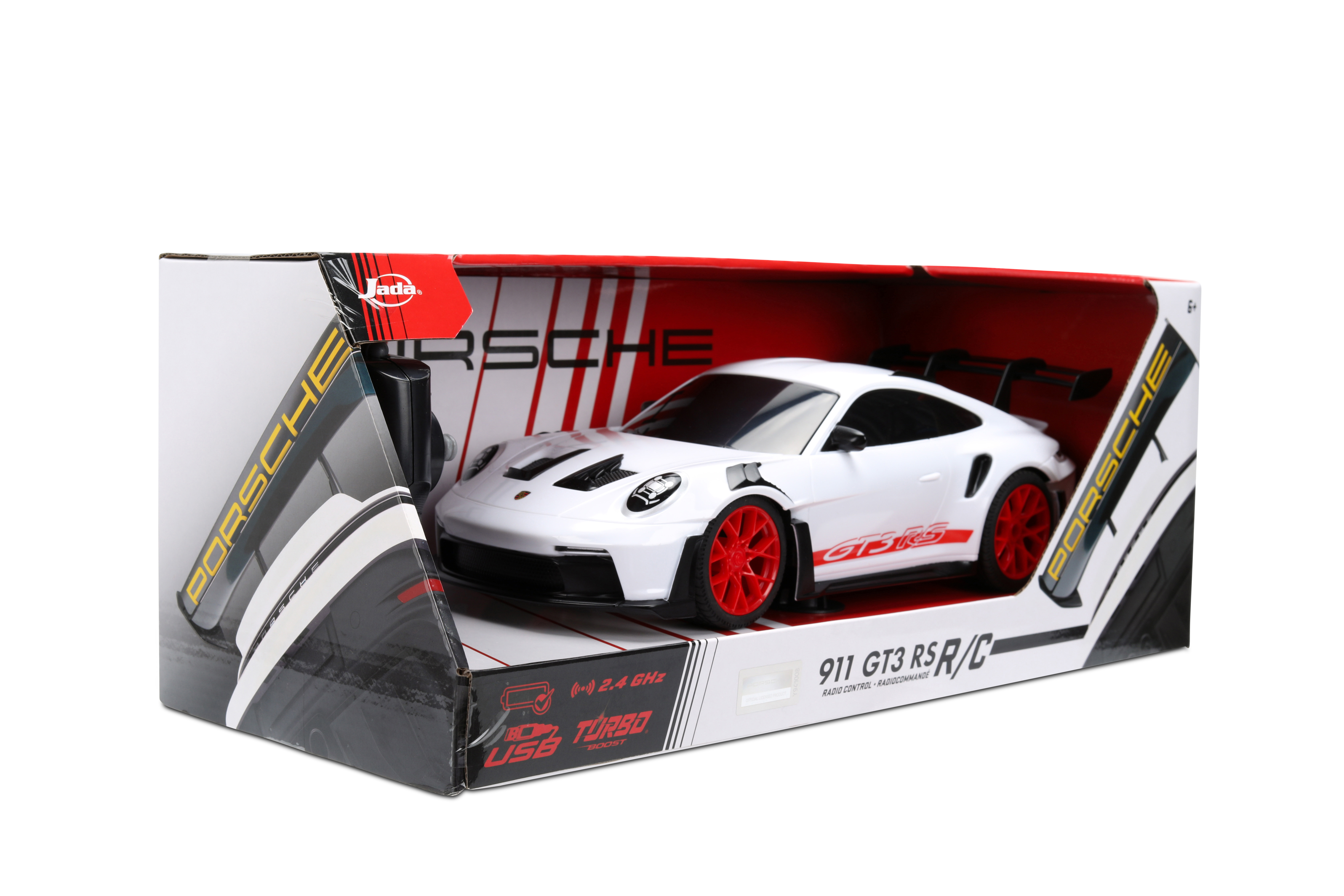 Jada Toys Porsche 911 (992) GT3 RS – 1:16 RC – USB Rechargeable with Turbo Function, Radio Control Cars(White/Red)