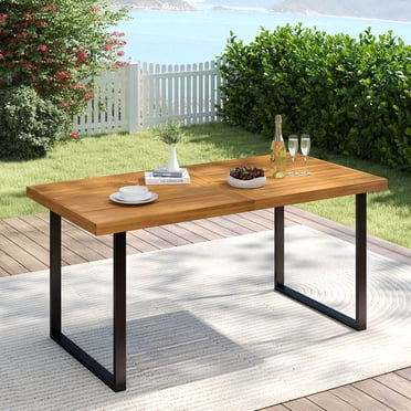 Costway Table à Manger en Bois d'Acacia de 63 Pouces avec Pattes en Métal Robustes Trou pour Parasol de 1,97 Pouces