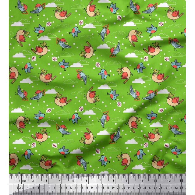 Soimoi Moss Georgette Fabric Dot,Cloud & Bird Cartoon Print Fabric by Yard 42 Inch Wide