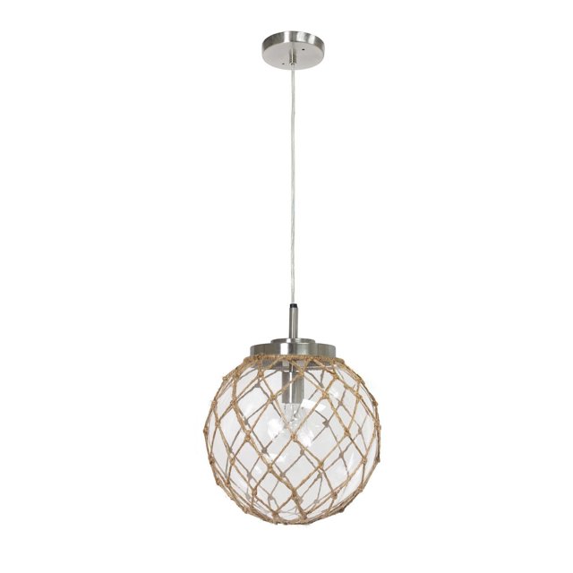 Elegant Designs Buoy Netted Brushed Nickel Coastal Ocean Sea Glass Pendant with Natural Rope, a clear glass globe pendant light wrapped in natural rope netting, suspended from a brushed nickel canopy with adjustable clear cord, suitable for coastal-themed bedrooms, living rooms, or dining rooms.