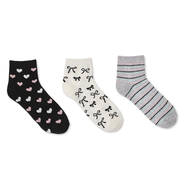 George Girls' Ankle Socks 3-Pack with three knit ankle-length pairs featuring ribbed cuffs: black with pink and white hearts, white with black bows, and grey with pink, black, and teal stripes, suitable for everyday wear with sneakers or casual shoes.