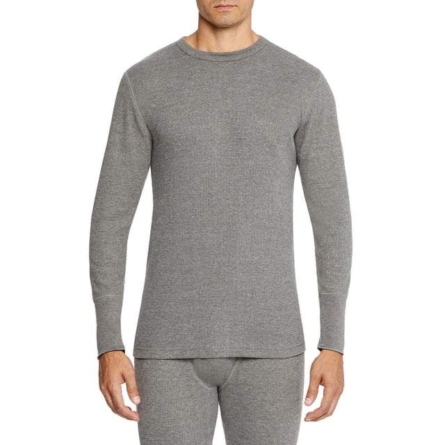 Stanfield's Chandail Thermique Essentiel en Tricot Gaufré pour Homme, Gris, à Manches Longues, Col Rond, avec Tissu en Tricot Gaufré, Évacuation de l'Humidité et Caractéristiques Antimicrobiennes, Coupe Ajustée et Poignets Renforcés, Montré à l'Avant sur un Modèle Portant un Pantalon Thermique Assorti, Convient à la Superposition et à la Chaleur par Temps Froid.