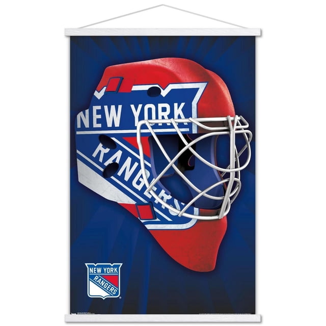 NHL New York Rangers - Mask 16 Wall Poster, 22.375" x 34" showing a front-facing red and blue hockey goalie mask with the New York Rangers logo and silver metal face cage on a dark blue background with subtle rays, printed on glossy poster paper with white hanging strips, ideal for sports-themed room decor or fan collections.
