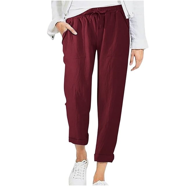 Dagugfen Plus Size Cotton Linen Pants for Women Ruched Elastic Waist Drawstring Lightweight Flare Legging for Casual
