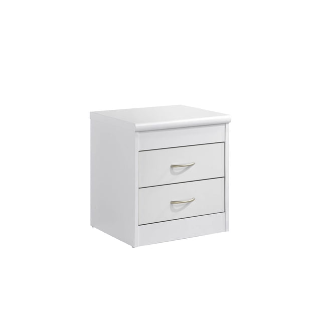 Hodedah Two Drawer Contemporary Wooden Nightstand in White Finish, featuring a compact design with two spacious drawers for bedside storage, equipped with metal roller glides and safety stops. Made of durable engineered wood and MDF, ideal for modern and transitional bedroom decor.