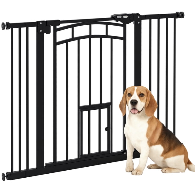 PawHut Pressure-Mounted Dog Gate in black, adjustable for openings 29.1 to 39.4 inches wide and 29.9 inches tall. Made of durable steel, it features auto-close functionality, a double lock system, and a small door for cats. Ideal for doorways, hallways, or stairs, and suitable for small to medium dogs.