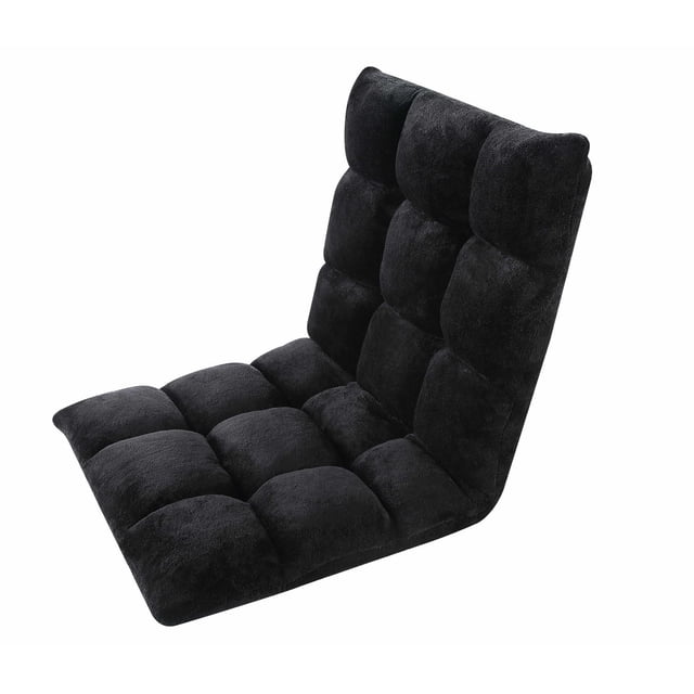 Velago Clam Adjustable Folding Plush Floor Gaming Chair in black plush microfiber with foam padding and tufted cushions, shown from a 3/4 angle emphasizing its adjustable backrest and compact design ideal for living rooms, bedrooms, or game rooms, also suitable for casual reading or watching TV.