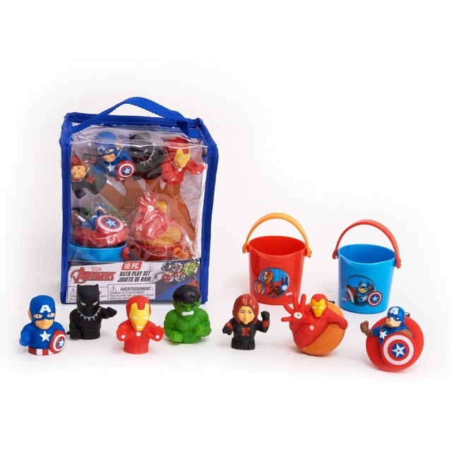 Marvel Avengers Ensemble Valeur Bain 10 Pcs Comprenant 5 Marionnettes à Doigt de Captain America, Black Panther, Iron Man, Hulk et Black Widow, 2 Gobelets de Rinçage Empilables en Rouge et Bleu avec Décalcomanies Avengers, et 2 Gicleurs de Bain en Forme d'Iron Man et Captain America, Tous Exposés avec un Sac de Rangement Réutilisable Bleu Clair.