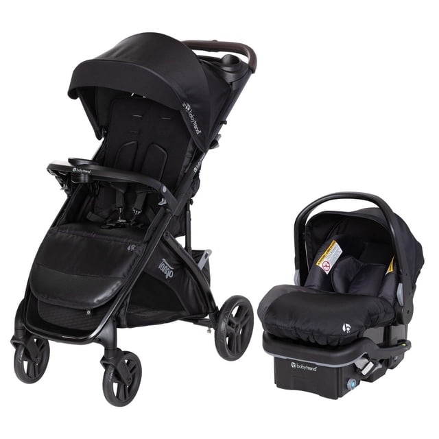 Baby Trend Tango Travel System with EZ-Lift 35 PLUS Infant Car Seat in black, featuring a lightweight stroller with one-hand quick fold, large UPF 50+ canopy, padded seat with 5-point harness, front swivel wheels, and a detachable infant car seat with adjustable handle and side impact protection.