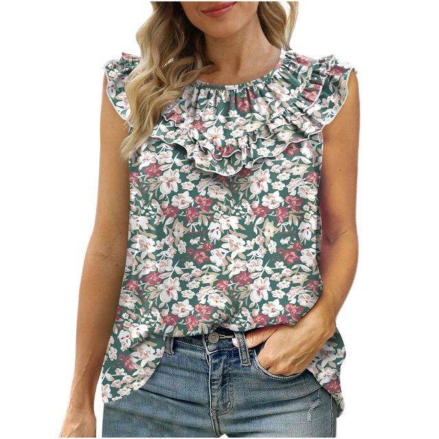 Diufon Hauts d'Été Sans Manches pour Femmes Col Rond Manches à Volants Chemises Basiques Plissées Blouses d'Affaires Tendance