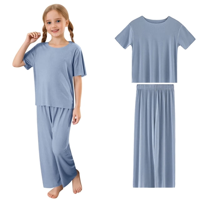Hiiyo Little Girls Pajamas Soft Ribbed Short Sleeve T-Shirt Pants Loungewear, Sizes 1-15