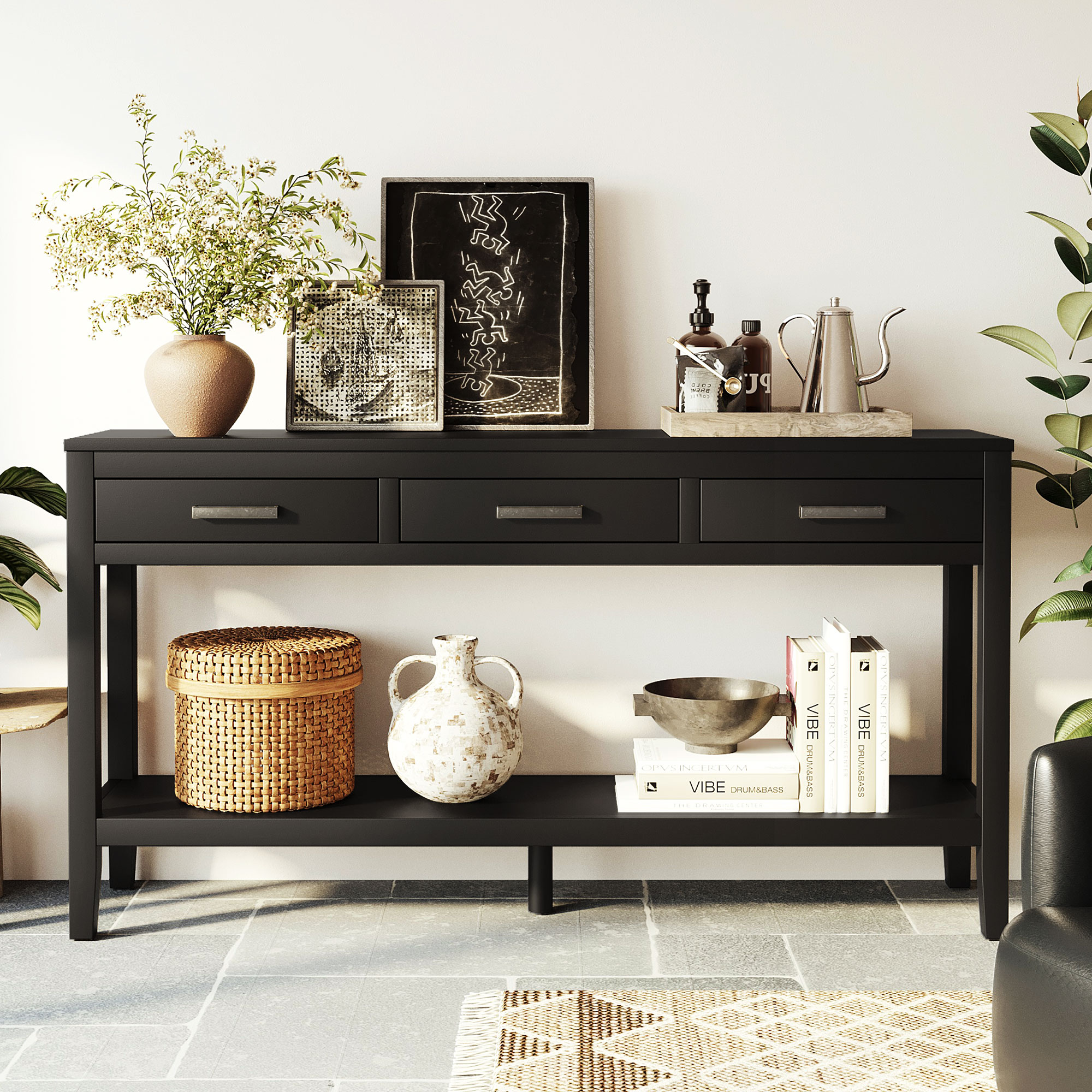 Noble House 62.2" Farmhouse Entryway Table, 3-Drawer Painted Console with Bottom Shelf & Iron Handles,Minimalist,Black