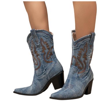 Denim Western Cowboy Boots for Women Street Casual Jeans Wide Mid Calf Pointed Toe Cowgirl Short Booties