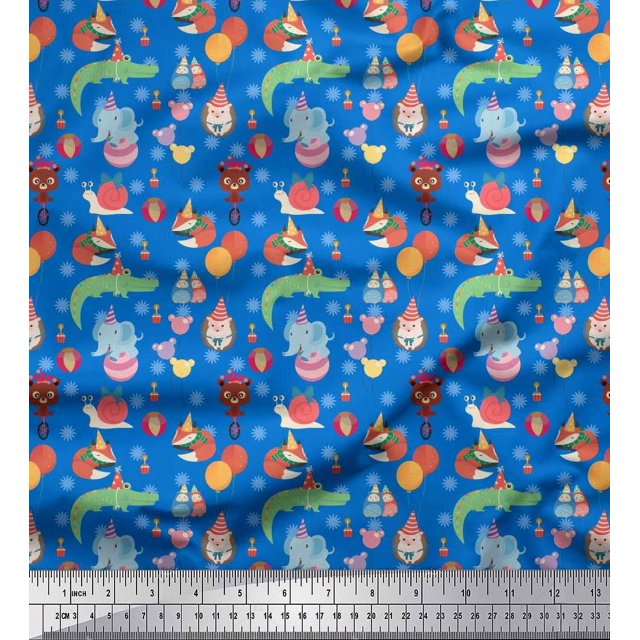 Soimoi Poly Georgette Fabric Balloon & Cute Animals Kids Print Fabric by Yard 42 Inch Wide