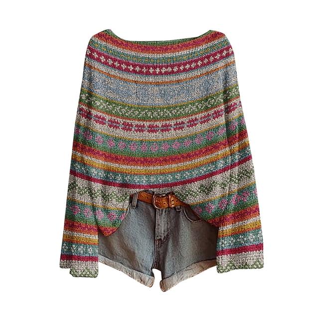 WTXUE Chandail Rétro Fair Isle Vintage pour Femmes à Imprimé Artistique, Chandail Léger Surdimensionné à Manches Longues, Col Rond, Chandail Mignon Vintage, Chandails d'Automne Décontractés Amples en Tricot, Tuniques, Rose m