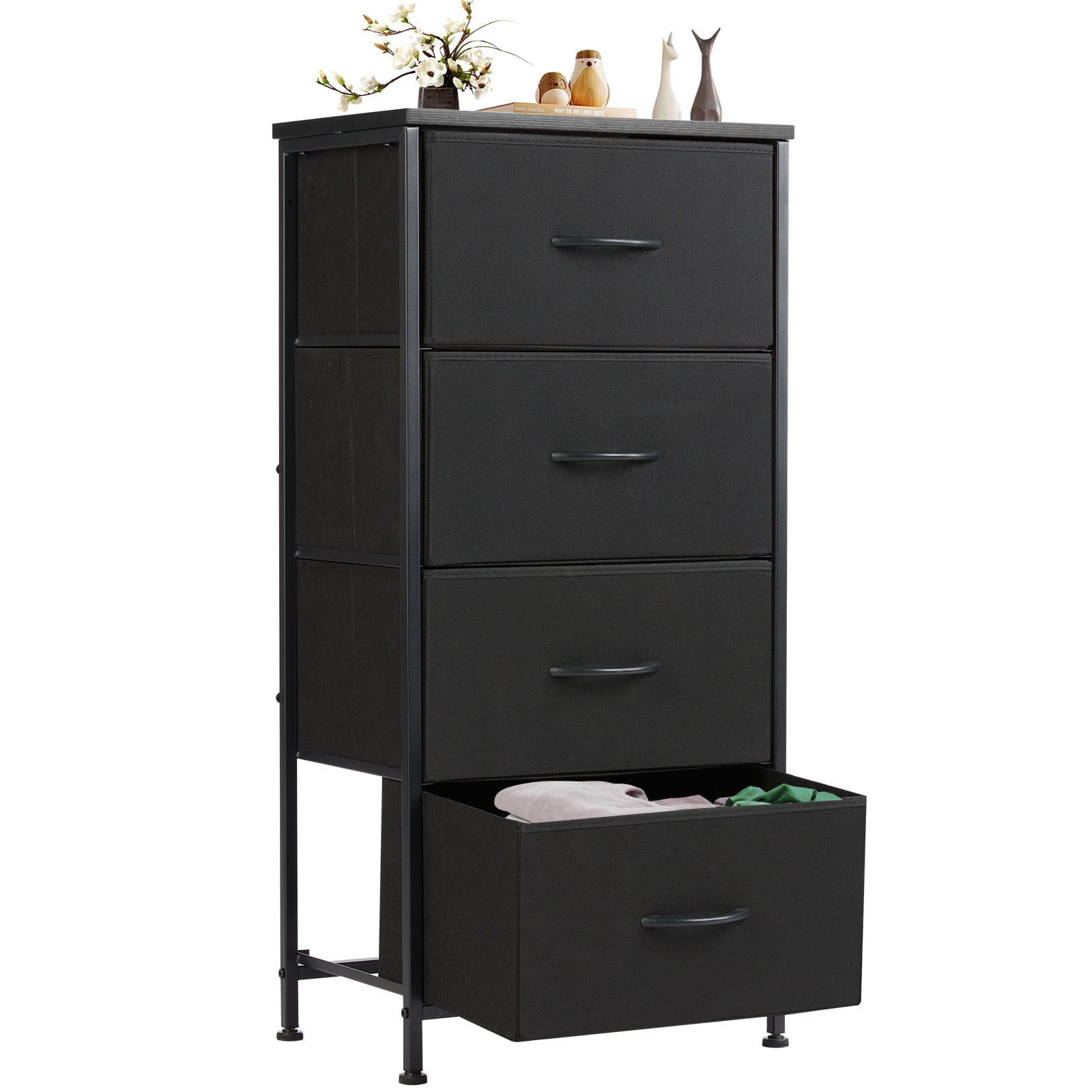 EDX Commode à 4 Tiroirs pour Chambre, Organisateur de Rangement en Tissu Armoire Étroite Table d'Appoint, Noir
