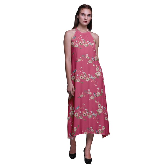 Bimba Robe Décontractée Oiseau Longue Dos Nu à Col Licou pour Femme, Robe de Plage Imprimée - Très Petit