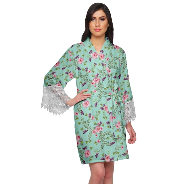 Moomaya Printed Short Robes For Women Cotton Robes For Women With Lace Trim