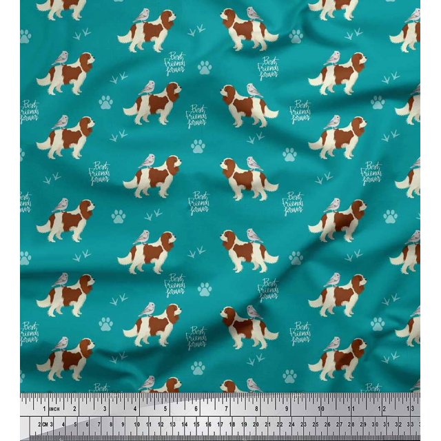 Soimoi Green Poly Georgette Fabric Bird,Paw & Cocker Spaniel Dog Decor Fabric Printed Yard 42 Inch Wide