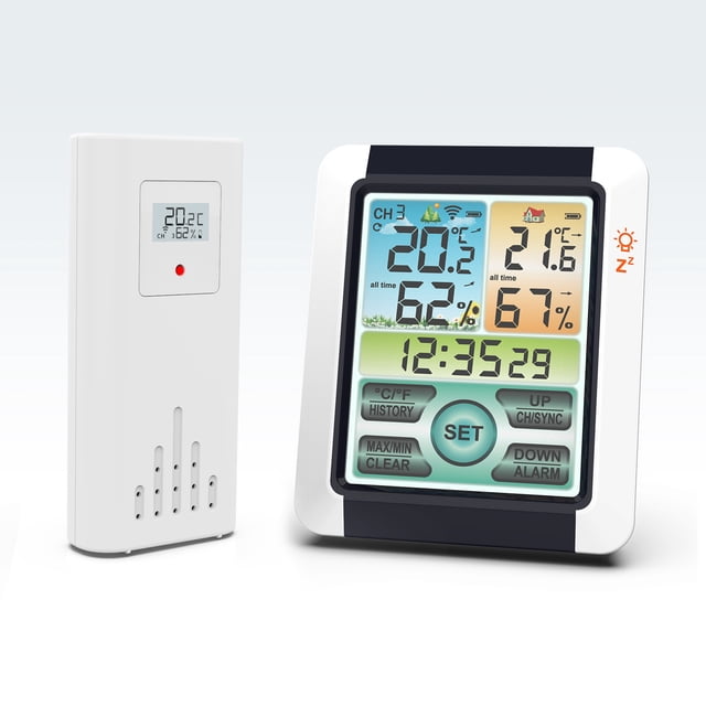 Amdohai Indoor Outdoor Temperature Humidity Meter Color Touchable Screen with Backlight Time Alarm Snooze Function Household