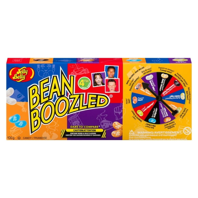 Jelly Belly BeanBoozled Jelly Beans Candy box with multicolour packaging featuring the BeanBoozled logo and a spinner wheel showing 16 jelly bean flavors, including 8 normal and 8 wild ones like Tutti-Fruitti or Stinky Socks. The 100g box offers a fun dare-to-compare game with warnings about weird flavors and choking hazards, suitable for sharing in candy and gummy snack games.