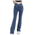 thumbnail image 1 of Besolor Jeans Coupe Bottillon Extensibles à Taille Croisée, Coupe Ajustée à Pattes d'Éléphant pour Femmes, Bleu, 1 of 3
