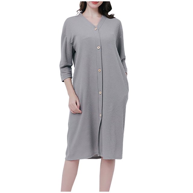 SNNROO Women Button down Robe 3/4 Sleeve Nightgowns Lightweight Bathrobe Sleepwear Loungewear with Pockets
