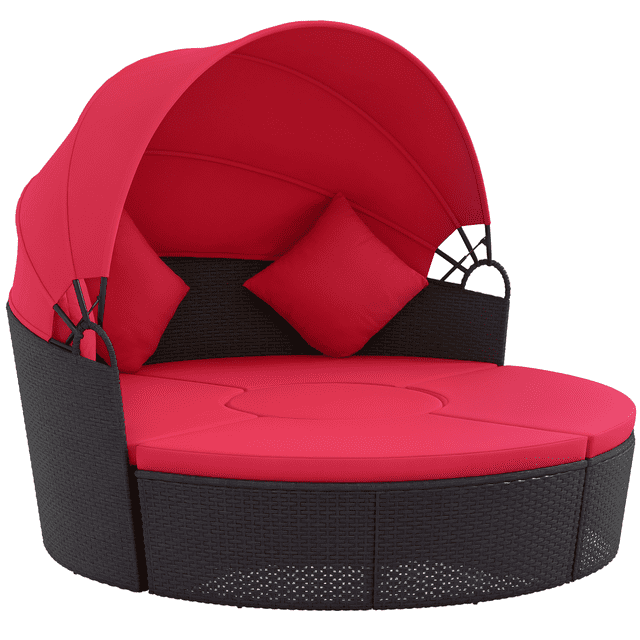 Outsunny Chaise Longue de Patio avec Canapé-Lit Rond Coussiné - Ensemble de 4, Rouge. Cette Chaise Longue d'Extérieur Présente un Cadre en Rotin Noir, des Coussins Rouge Vif et un Auvent Rétractable pour l'Ombre Ou le Soleil. Pieds Ajustables Offrent une Stabilité sur les surfaces Irrégulières. les Coussins Sont Rembourrés avec des Housses en polyester Lavables pour la Durabilité Extérieure. Configurable comme Grande Lit de Jour Ou Séparé pour un Assise Individuelle, Idéal pour les patios Ou la Détente au Bord de la Piscine.