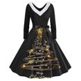 thumbnail image 1 of TIMIFIS Robes de Noël pour Femmes Imprimé de Noël Laid Robes Ligne A Robe de Bal Col en V Manches Longues Plissée Rétro, 1 of 3