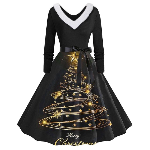 TIMIFIS Robes de Noël pour Femmes Imprimé de Noël Laid Robes Ligne A Robe de Bal Col en V Manches Longues Plissée Rétro