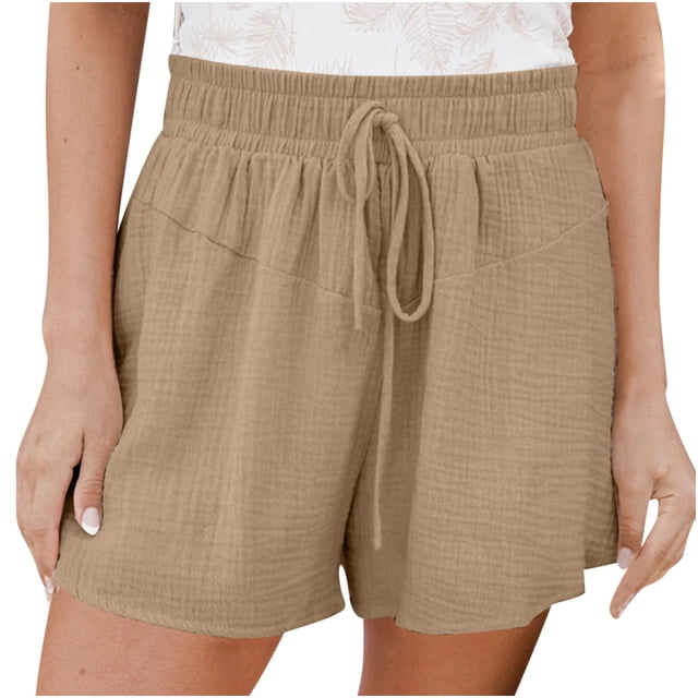 AherBiu Plus Size Shorts for Women Elastic Waist Drawstring Summer Casual Wide Leg Loose Fitting Solid Color Shorts