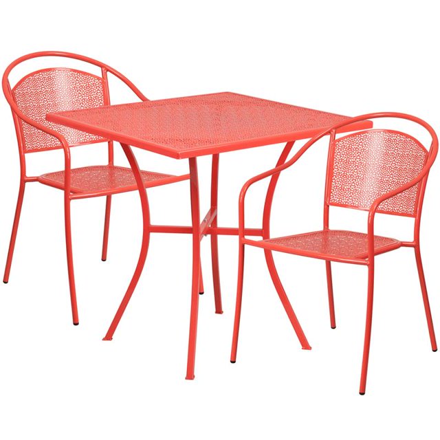 Commercial Grade 28" Square Gold Indoor-Outdoor Steel Patio Table Set with 2 Round Back Chairs