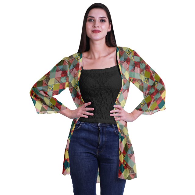 Moomaya Printed Georgette Shrug Ruffled Back Drop Hem Beach Cover Up For Women