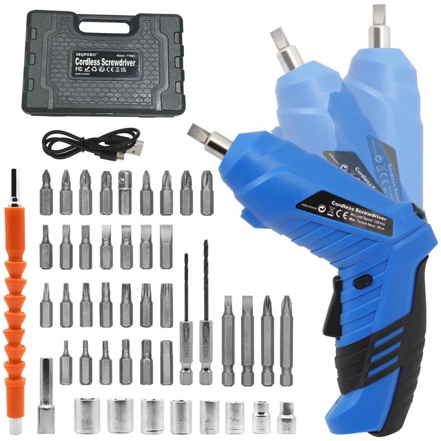 47 in 1 Cordless Screwdriver kit featuring a 3.6V rechargeable electric screwdriver with a dual-position handle for in-line or pistol-grip operation. Includes built-in LED light, USB charging cable, and ergonomic design for ease of use. The set comes with 47 accessories, including screwdriver bits, socket wrenches, twist drill bits, and a flexible hex shaft, all stored in a portable storage box. Ideal for home, office, and DIY projects.