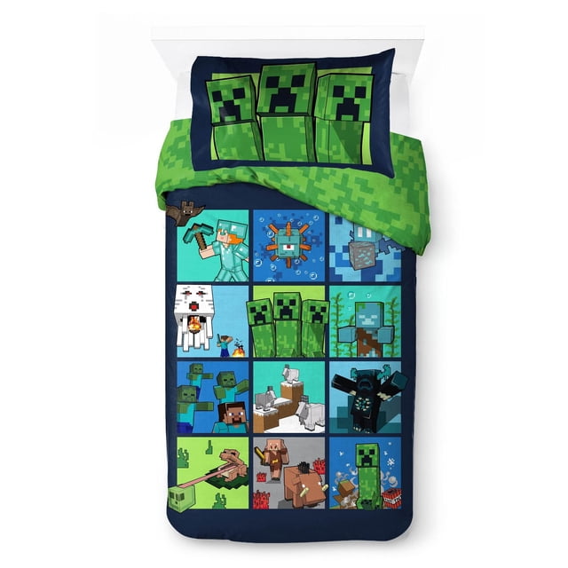 Minecraft Kids 2-Piece Twin/Full Reversible Comforter and Pillowcase Set, 100% Polyester front displays a Minecraft block print with characters; reverse shows a green Creeper pattern. Reversible comforter 72" x 86" (183 x 218 cm) fits twin or full beds with one 20" x 30" (51 x 76 cm) pillowcase; machine washable. Also often used as a low-profile play mat for gaming sessions.