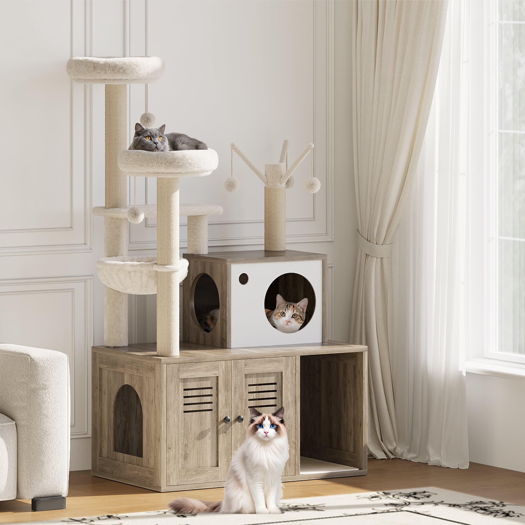 Modern Wooden Cat Tree Tower with Hidden Litter Box Enclosure - Multi-Level Condo, Scratching Posts, Hammock, Basket & Soft Perch - Multi-Function Cat Furniture for Indoor Cats, Smoke Gray