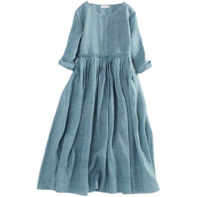 Kcodviy Robe pour Femme en Lin Printemps Été Robes Midi pour Femmes et Été Col Rond Robe Décontractée pour Femmes Plissée à Cordon Sept Robes Juniors Manches Pointues pour Montrer Mince Ample Longue Robe