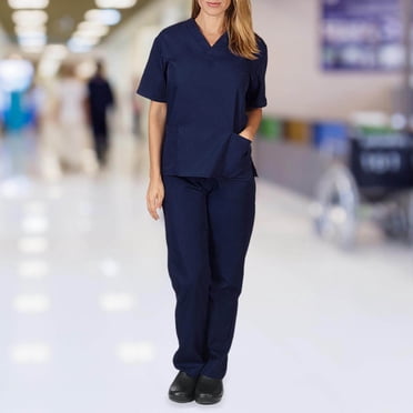 Langgg Uniforme de Travail Unisexe pour Soins Infirmiers, Haut en V, Pantalon, Ensemble, Vêtements, Hauts, Trousse, Accessoires, Pantalon, Col, Vêtement de Protection, Préposé aux Soins, Bleu Marine, M