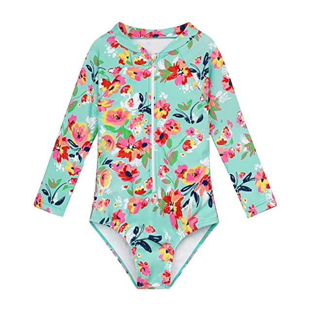 MIASHUI Girls One Piece Swimsuits Long Sleeve Zipper Bathing Suits Swimwear,Green,6-7 Years